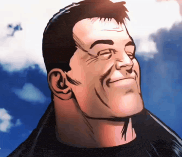 Billy Butcher from The Boys comics smiling with closed eyes against a blue sky — example 1