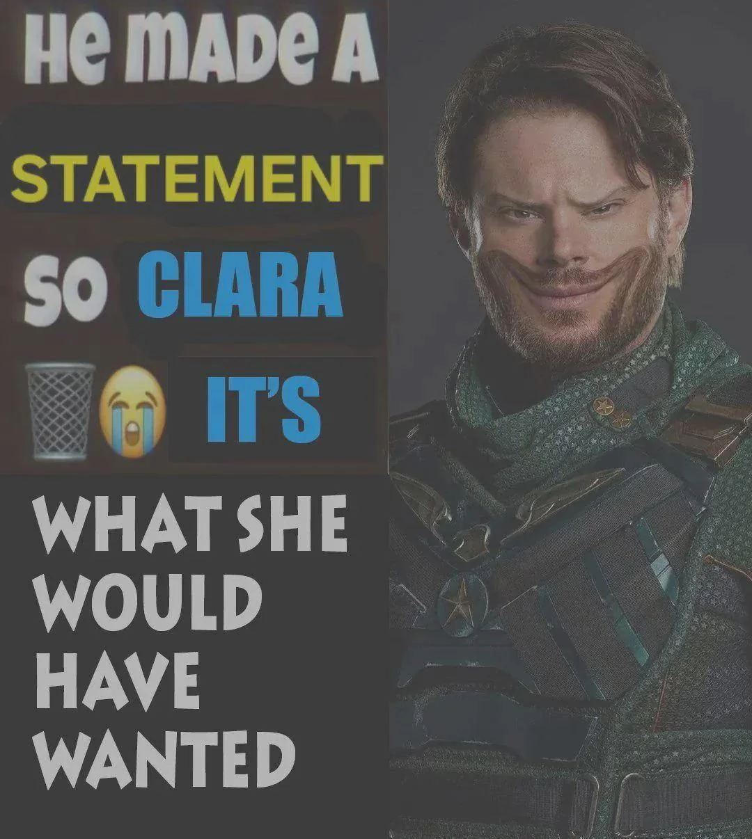 Distorted image of Soldier Boy beside text ending “It’s what she would have wanted.”