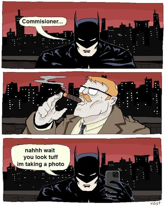 Batman photographs Commissioner Gordon in the three-panel meme comic