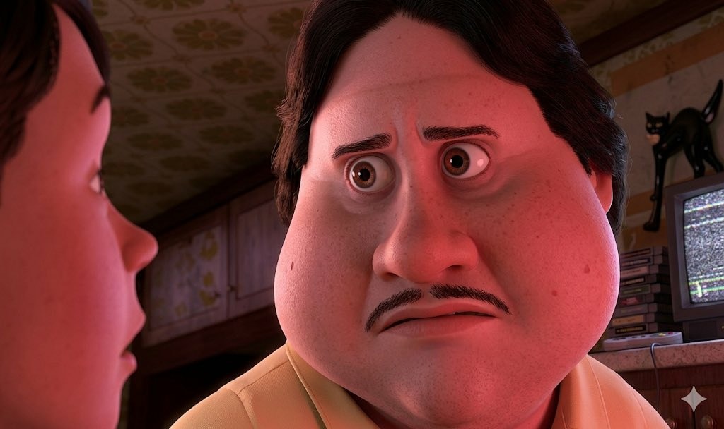 Reginald Skull Skulinski mira al frente con expresión tensa mientras mastica en Monster House