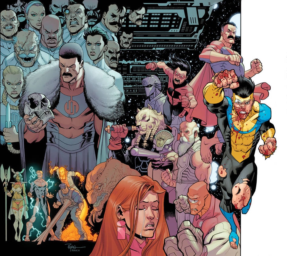 Ilustración INV 7 hard cover de Ryan Ottley con una figura dominante, un cráneo y una formación grupal