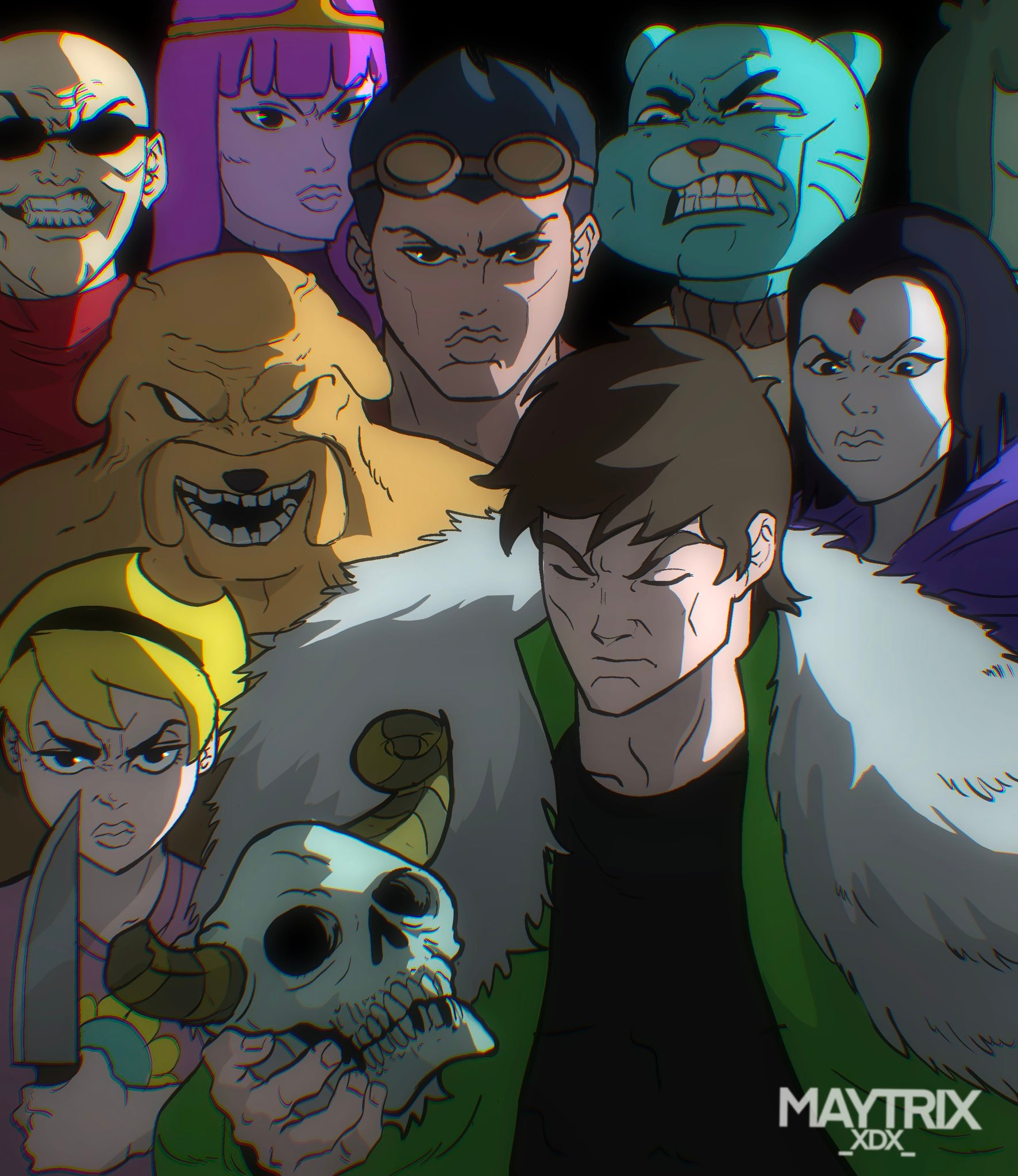 Personajes variados de Cartoon Network dispuestos en la formación viltrumita